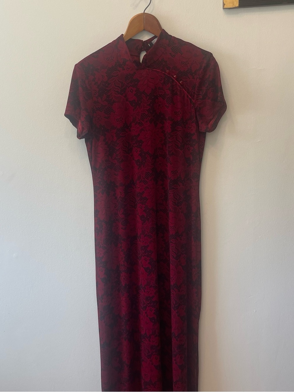 Y2K Connected Apparel Red and Black lace print Qipao maxi dress M/L